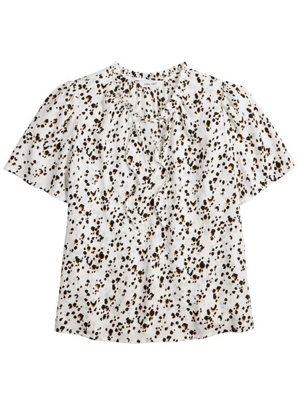 Nine West Tie Front White Ruffle Neck Top Blouse